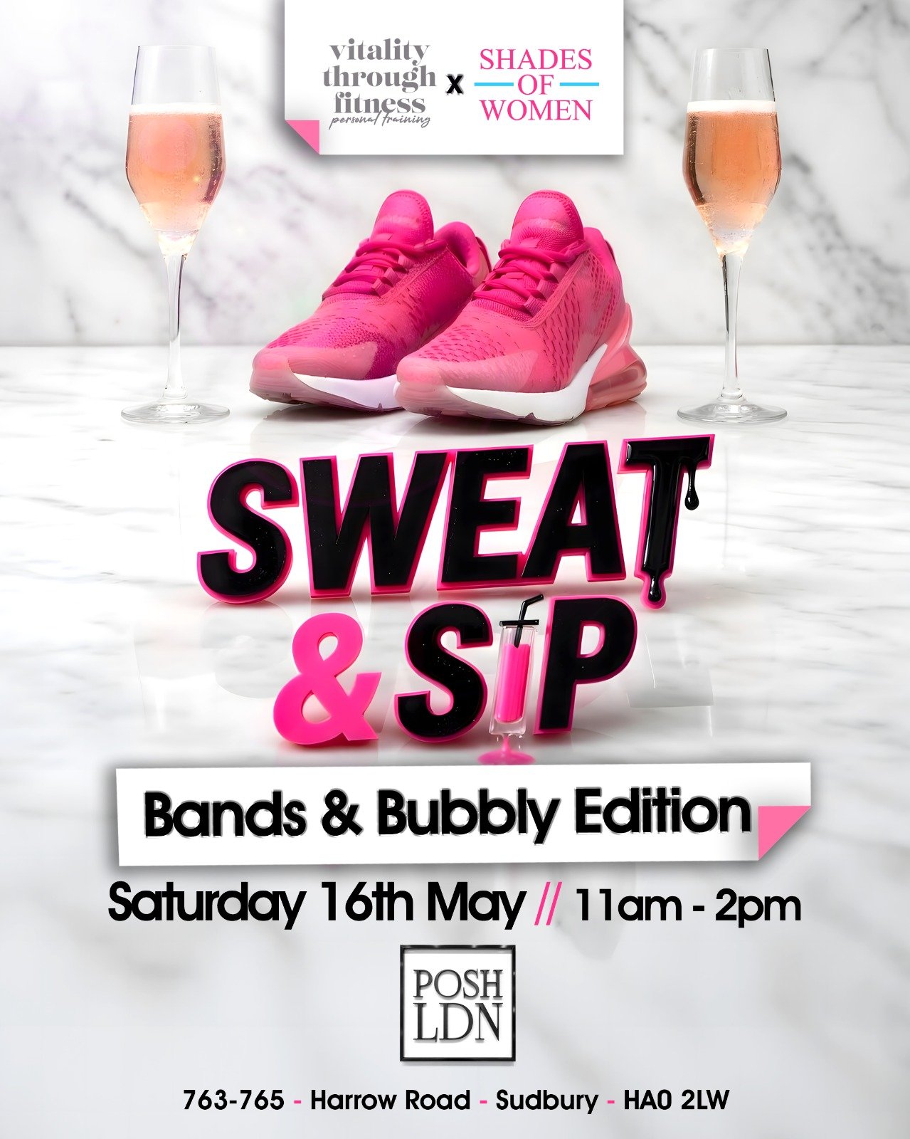 Sweat & Sip – Bands & Bubbly – Front